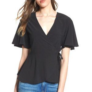 LEITH Flounce Sleeve Faux Wrap Top, Black M NWT